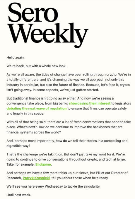 The header and opening text of 'Sero Weekly' newsletter discussing changes in the crypto industry and mentioning Endgame and Patryk Krasnicki.