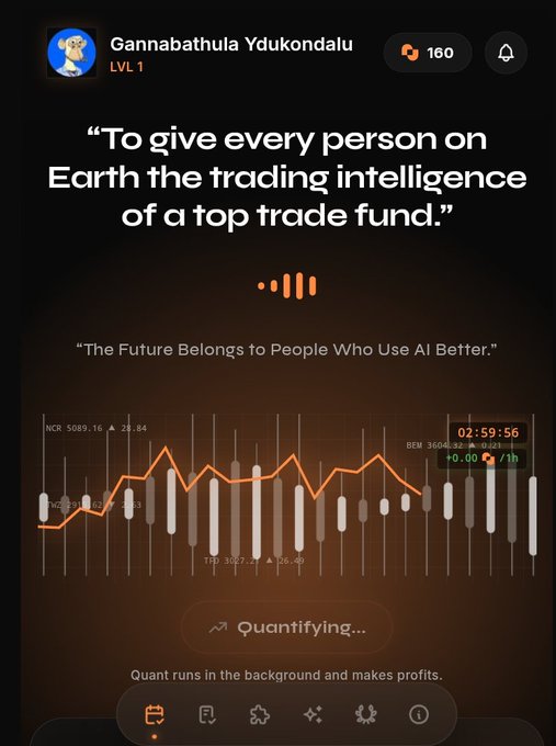 A mobile app screenshot from a user named 'Gannabathula Ydukondalu' (LVL 1) displays the quote 'To give every person on Earth the trading intelligence of a top trade fund' above an audio waveform and a financial chart with 'NCR 5089.16' and 'BEN 3604.30'.
