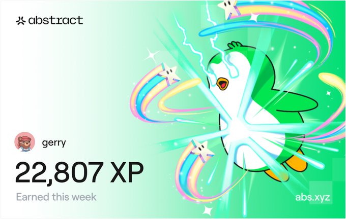 The image features an abstract poster with a cartoon penguin character surrounded by colorful stars and a rainbow explosion. The poster also includes text that reads "I do think this is a great way to gamify a chain! I just earned 22,807 XP on @AbstractChain". This suggests that the poster might be related to a gaming or social media platform where users can earn points or XP for interacting with content or participating in events. The penguin character and colorful elements of the poster are likely designed to attract attention and encourage engagement from viewers.