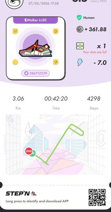 The image shows a phone screen displaying an app called "StepN" with a purple background, white text, and a green arrow pointing towards the bottom right corner of the screen. The app appears to be designed for tracking physical activity or exercise, as indicated by its name and the presence of a map on the screen. The post also mentions that the app is long press to identify and download it.