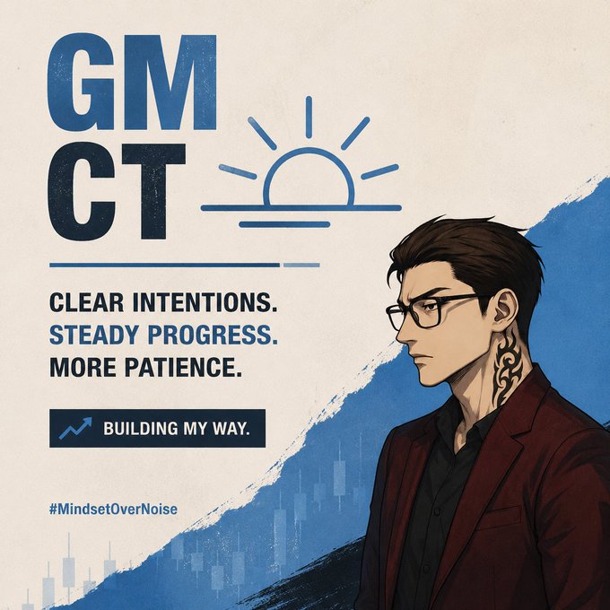 Motivational poster reading 'GM GT' and 'CLEAR INTENTIONS. STEADY PROGRESS. MORE PATIENCE. BUILDING MY WAY. #MindsetOverNoise' featuring an illustration of a tattooed man in a maroon blazer.