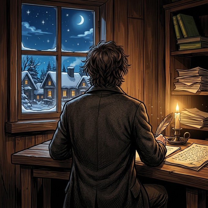 An illustrated man with messy hair sits at a wooden desk by a window writing by candlelight on a snowy night, surrounded by stacked books and papers.