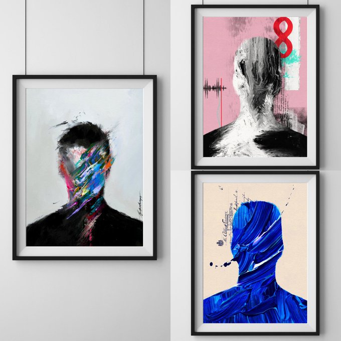 Three framed contemporary art prints displayed on a wall, featuring abstract portraits: a colorful face partially visible in black silhouette, a black and white painted figure with a pink background and red '8', and a blue-painted figure on a beige background.