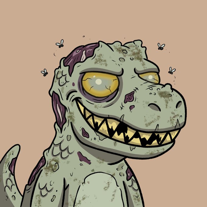 A cartoon illustration of a small, green, decaying zombie dinosaur surrounded by flies against a plain brown background.