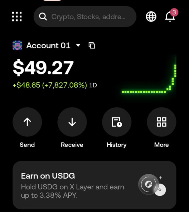 A cryptocurrency wallet screenshot showing "Account 01" with a balance of $49.27 and a +$48.65 (+7,827.08%) gain over 1D, alongside options to Send, Receive, History, and More. The image supports the post's claim of a ~$40 airdrop, with the modest balance and massive percentage gain visually representing the newly claimed reward from @RevenueFamily.
