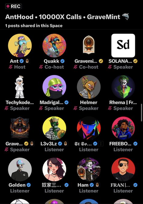 Another Twitter Spaces recording interface for 'AntHood • 10000X Calls • GraveMint' showing host Ant, co-hosts Quakk and Gravemint, along with multiple speakers and listeners.