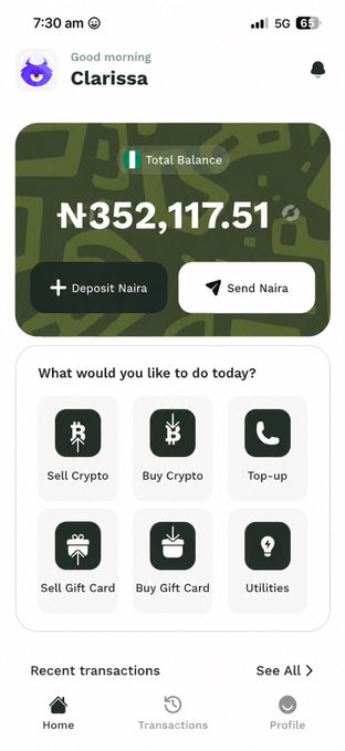 A mobile app screenshot of the ShawnX platform shows user "Clarissa" with a total balance of ₦352,117.51, featuring quick-access options to Sell Crypto, Buy Crypto, Top-up, Sell Gift Card, Buy Gift Card, and Utilities. The caption highlights how the app simplifies crypto transactions by consolidating deposits, conversions, and P2P trading into one seamless interface.