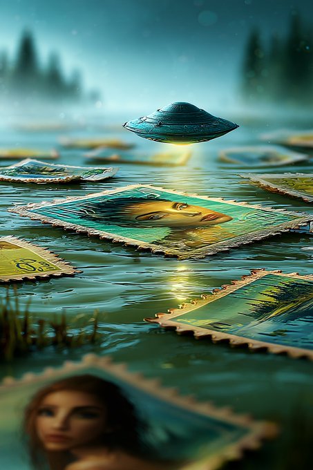 A digital artwork depicts a UFO hovering over a body of water scattered with postage stamps featuring portraits of various people, with a misty forest landscape in the background.