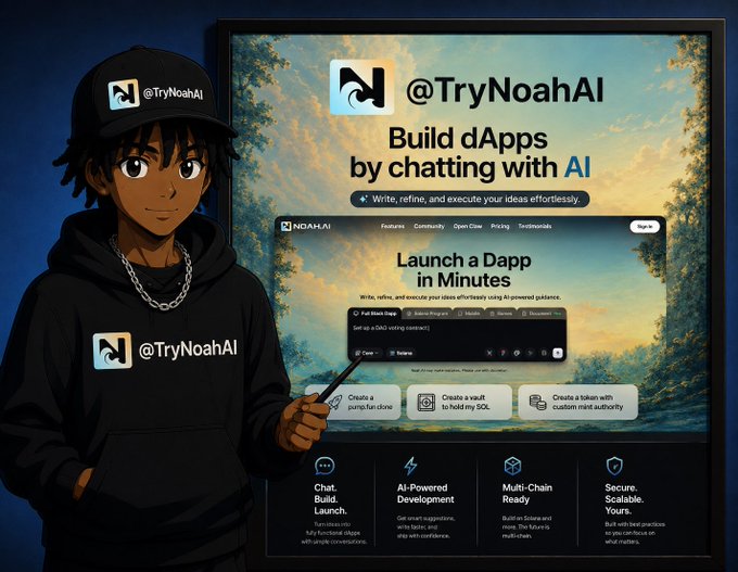A promotional image for @TryNoahAI featuring an anime-style character in a black hoodie pointing to a poster advertising the ability to 'Build dApps by chatting with AI' and 'Launch a Dapp in Minutes'.