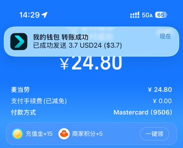 A Chinese mobile payment screenshot (Alipay) showing a successful transfer of ¥24.80, 3.7 USD24 ($3.7), paid via Mastercard, with time 14:29.