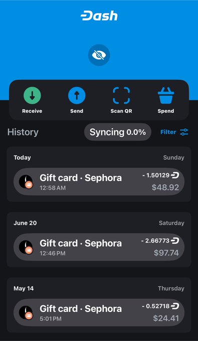 The Dash wallet app displays recent transaction history showing three Sephora gift card purchases totaling $171.07 (-1.50129, -2.66773, and -0.52718 Dash) on dates including Sunday, June 20, and May 14. The screenshot illustrates the app's practical daily-use functionality with its Receive, Send, Scan QR, and Spend buttons, supporting the post's claim that Dash is already functioning as real money for everyday purchases worldwide.