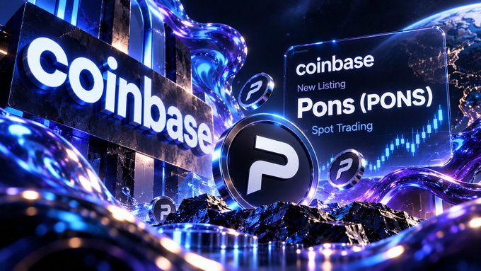 A digital promotional graphic announcing a new listing for 'Pons (PONS)' on Coinbase for spot trading, featuring the Coinbase logo and a blue cosmic background.