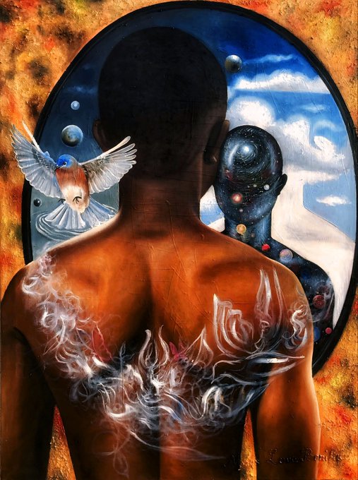A surreal painting shows the back of a dark-skinned figure looking into a mirror that reflects a cosmic, star-filled humanoid face, accompanied by a small blue bird and flame-like patterns on the figure's back.