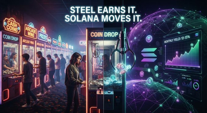 A promotional graphic with the text 'STEEL EARNS IT. SOLANA MOVES IT.' depicting arcade machines, a claw machine with a Solana coin, and a digital display showing 'MONTHLY YIELD: 12-15%'.