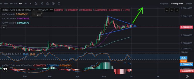 A TradingView chart of LUNC/USDT on Binance shows a symmetrical triangle pattern forming over several months (February to June), with the price currently at $0.00008420, down 7.39% on the day, and a green arrow pointing upward suggesting a potential breakout—aligning with the post's claim that the coin is poised to "explode so strongly."