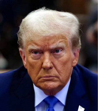 A close-up photo shows Donald Trump with a serious expression. This image relates to the accompanying post about Trump Media's $555 million loss on Bitcoin holdings.