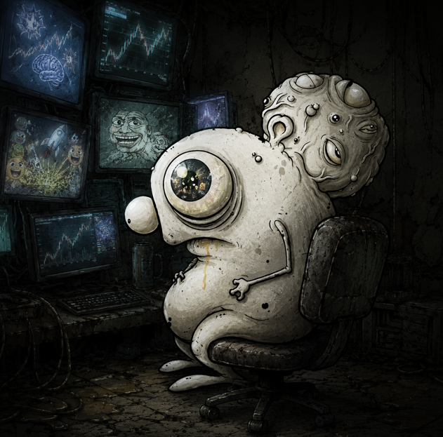 A grotesque, multi-eyed creature labeled "BLORP" sits hunched at a cluttered desk surrounded by monitors displaying brain scans, troll faces, and collapsing crypto charts — visually echoing the caption's metaphor that every "bump" is a market mistake and every "drip" is a panic sell, portraying BLORP as the bizarre survivor feeding off the chaos of failing trades.