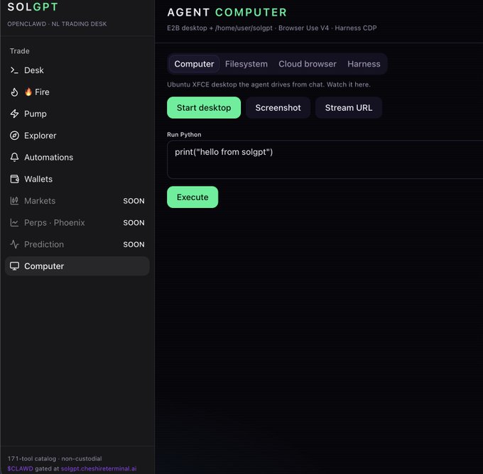 A dark-themed dashboard for "SOLGPT" showing an "AGENT COMPUTER" interface with options to start desktop, take screenshot, or stream URL, along with a Python code execution box containing print("hello from solgpt").