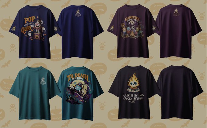 Four Halloween-inspired t-shirt designs are displayed against a pumpkin-patterned background, featuring spooky graphics and text including "POP Goes the Quirk," "Campfire," "Til Death We Ride," and "Quirkie by Day, Spooky by Night," corresponding to the brand's "Quirk-oween" collection shown front and back.