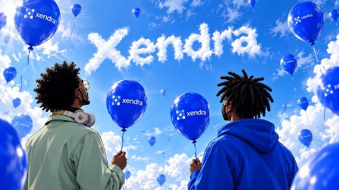 A promotional image with the word 'Xendra' written in the sky among blue balloons, with two people viewed from behind holding balloons with the 'xendra' logo.