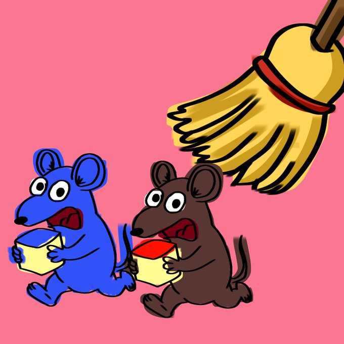 The image features two cartoon mice standing next to each other, holding a small house between them. The mouse on the left has blue fur while the one on the right has brown fur. They are positioned against a pink background with a yellow broom nearby. In the bottom right corner of the image, there is text that reads "Buy 5, get 1 free. Buy 10, get 3 free (2OG RATs + 1 Relic Ticket). @Ronin_Network @OgRats_ @zentry". The mice are holding up the house in a playful manner, and it seems like they are trying to sell or trade the house for something else.