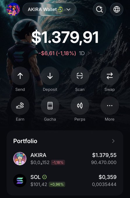 A mobile crypto wallet app interface for 'AKIRA Wallet' shows a balance of '$1.379,91' (-1.18%) with action buttons like Send, Deposit, and Swap, above a portfolio listing 'AKIRA' and 'SOL'.