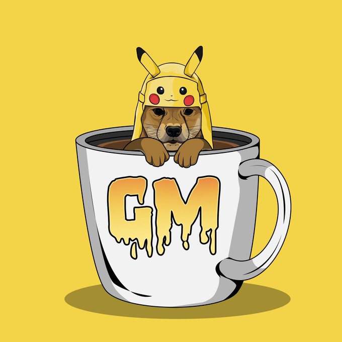 A dog wearing a Pikachu hat sits inside a large white coffee mug with the dripping yellow text "GM," fittingly illustrating the post's crypto Twitter morning ritual of greeting fellow enthusiasts with "gm" (good morning).