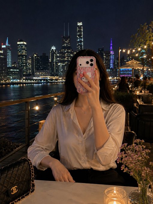 A woman takes a mirror selfie at an upscale waterfront restaurant at night, with the illuminated Chicago skyline behind her. She holds a pink-decorated phone, wears a white blouse, and a Chanel quilted handbag sits beside her along with a candle and small flowers—setting a luxurious scene fitting for the caption asking viewers to guess the cost of her dinner.