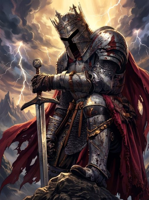 A bloodied knight in crown and armor stands atop a rocky peak gripping his sword, with a stormy, lightning-filled sky behind him—embodying the steadfast resolve and foresight conveyed in the caption about holding the line for $XRP $ARMY.