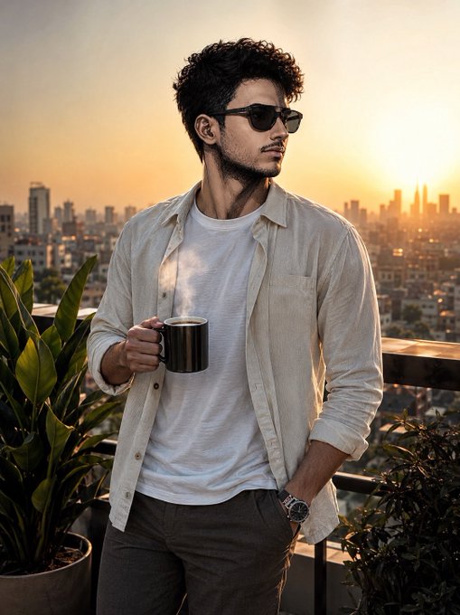 A young man with curly dark hair and sunglasses stands on a balcony at sunset, holding a steaming black mug with a cityscape behind him.