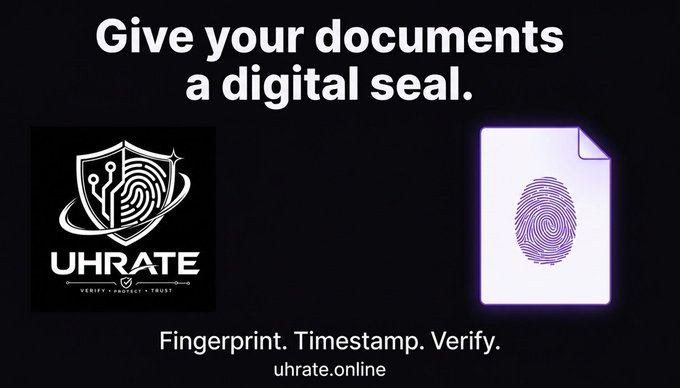 A promotional graphic for UHRATE with the tagline 'Give your documents a digital seal' and 'Fingerprint. Timestamp. Verify.' at uhrate.online.