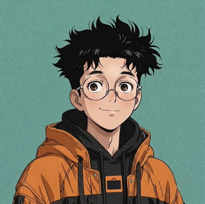 An anime-style portrait of a young man with messy black hair, round glasses, and an orange jacket over a black hoodie.