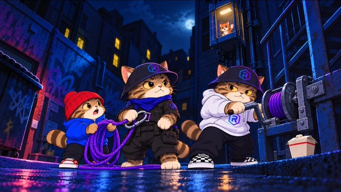 A 3D-rendered illustration of three anthropomorphic tabby cats dressed in streetwear (one in a red beanie with a rope, two wearing hats with 'R' logos) standing on a wet street at night, with a kitten peeking out of a window.