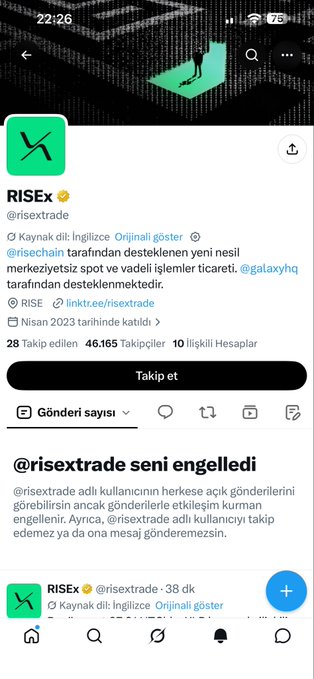 A screenshot of an X (Twitter) profile for "RISEX (@risextrade)" showing a pinned Turkish-language post and a notification that the account has blocked the viewer.