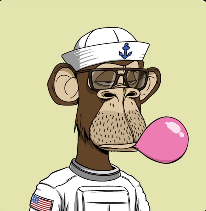 Cartoon illustration of a Bored Ape-style NFT character wearing a white sailor hat with anchor emblem, sunglasses, and white shirt with an American flag patch, blowing a pink bubblegum bubble.