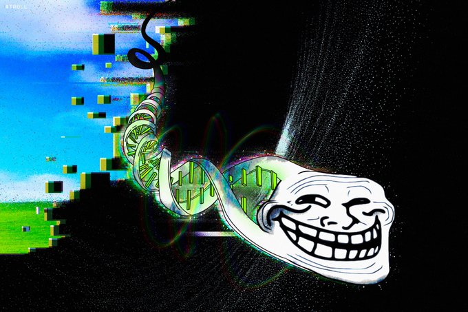 A glitchy, digital-art rendition of the iconic "Trollface" meme stretches into a distorted DNA double-helix against a pixelated vaporwave background, visually capturing the "glitch in the matrix" hype and memetic frenzy described in the post for a Pump.fun token on Solana.