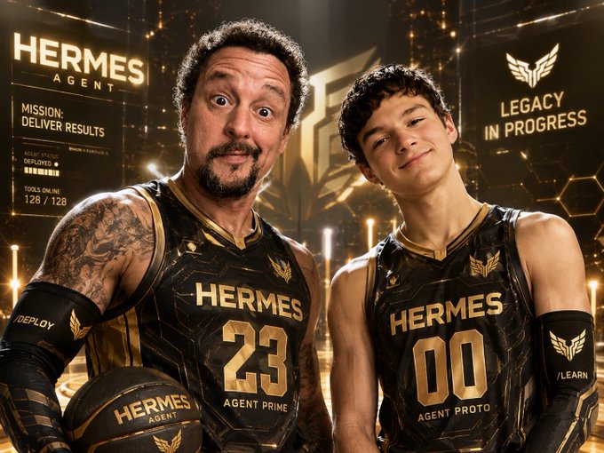 A promotional image labeled 'HERMES AGENT' featuring two men in basketball jerseys numbered '23' (AGENT PRIME) and '00' (AGENT PROTO), with text reading 'MISSION: DELIVER RESULTS' and 'LEGACY IN PROGRESS'.