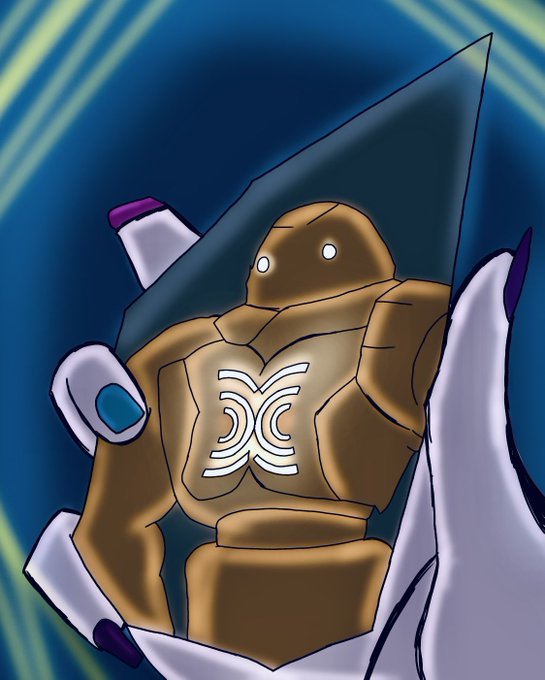 A stylized digital artwork of a muscular, tan figure with glowing white eyes and geometric body lines, contained within a crystalline structure and held by purple-clawed hands.