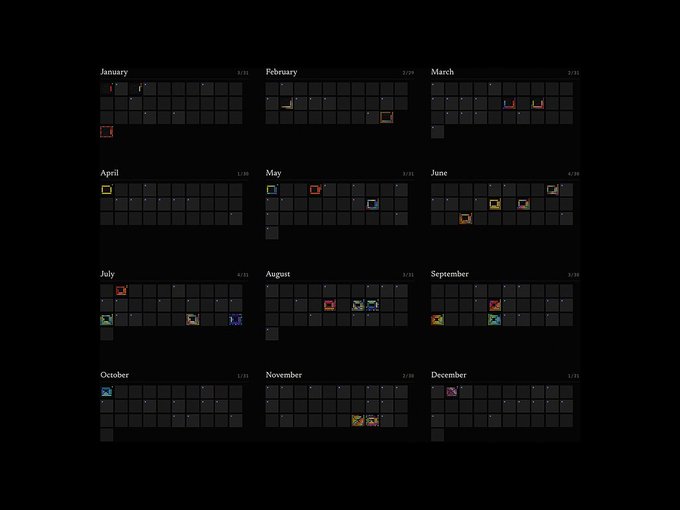 A dark-themed calendar grid showing all 12 months of the year with various small icons marked on different dates, likely tracking activity or participation streaks.