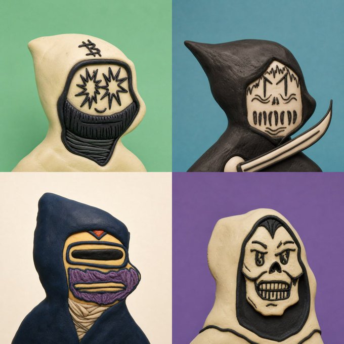 A 2x2 grid displays four stylized clay-like figurines, each featuring a hooded character with a distinctive face design: top-left shows a cream-hooded figure with starry eyes and stitched markings, top-right features a black-hooded grim reaper holding a scythe with a skull face, bottom-left depicts a blue-hooded ninja-like figure with a purple mask, and bottom-right presents a cream-hooded figure with a menacing skull-like face, all set against pastel green, blue, cream, and purple backgrounds respectively—illustrating the early NFT collection from @0xClayFactory with a 3,203 supply on RH chain.