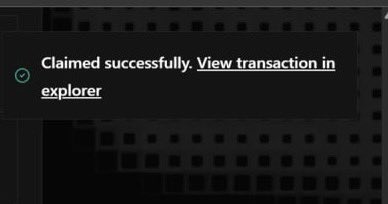 A dark success notification displays 'Claimed successfully. View transaction in explorer' with a green checkmark icon.