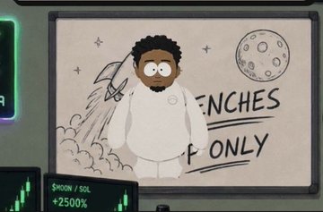 A South Park-style drawing shows a Black character in a white spacesuit with a rocket and moon in the background, alongside the text 'F INCHES F ONLY' and a 'SPOON / SOL +2500%' stock ticker.
