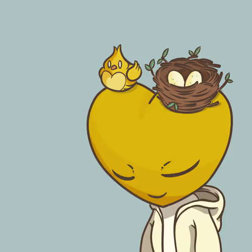 A cartoon illustration featuring a yellow heart-shaped character with closed eyes wearing a white hoodie, with a small yellow bird and a bird's nest containing eggs perched on top of its head.