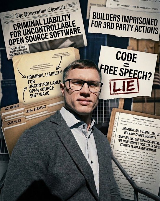 Roman Storm stands before a wall of headlines and legal documents—including "Criminal Liability for Uncontrollable Open Source Software" and "Builders Imprisoned for 3rd Party Actions"—visually capturing his message of gratitude to the Ethereum community for their support during his legal battle over open-source code.