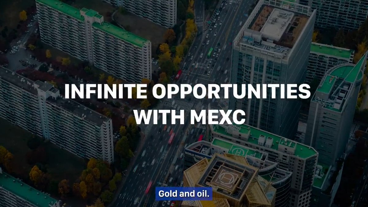 The image shows an aerial view of a city with tall buildings, including a skyscraper that has "MEXC" written on its side. The text overlaying the image reads "Crypto was just the beginning. Gold, Oil, Crypto, Prediction Markets..., and soon, real US stocks". This suggests that the post is related to cryptocurrency or digital assets, as it mentions Bitcoin and other cryptocurrencies. It also implies that there might be a connection between the city's skyline and the rise of crypto markets in recent years.