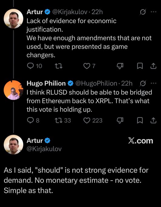 A social media thread from X (Twitter) showing a debate between Artur (@Kirjakulov) and Hugo Philion (@HugoPhilion) about RLUSD bridging between Ethereum and XRPL, discussing economic justification for amendments.