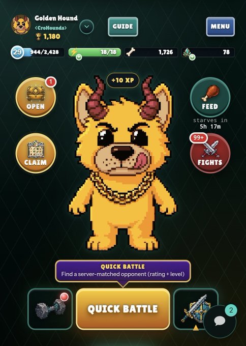 A screenshot of a mobile game featuring a pixel-art character with horns and a gold chain named 'Golden Hound' from 'CroHounds', displaying stats like 1,180 coins and a 'Quick Battle' option.