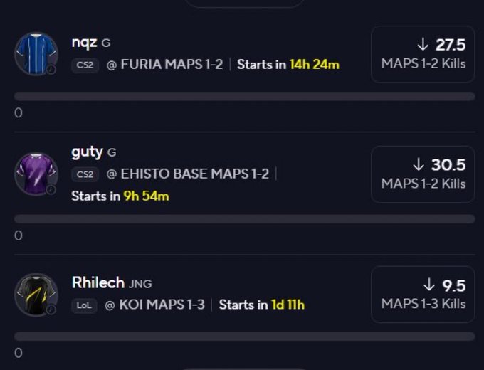 Esports betting interface showing player props for nqz (27.5 kills vs FURIA), guty (30.5 kills vs EHISTO BASE), and Rhilech (9.5 kills vs KOI) across CS2 and LoL matches.