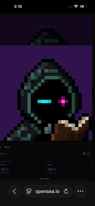 A screenshot from OpenSea.io displays a pixel art NFT of a hooded figure with cyan and magenta eyes against a purple background, showing background "Wiz" and face "Wiz" traits at 100% rarity each. The image supports the caption by showcasing a low-effort pixel art NFT, emphasizing the lack of practical utility behind such purchases.