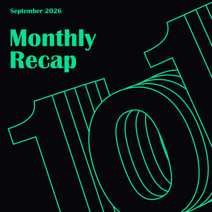 A black graphic titled 'Monthly Recap' for 'September 2026' features large green outlined text reading '101' angled across the design.